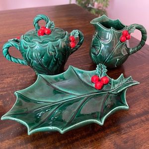 Vintage Lefton Christmas Holly Berry Sugar Bowl and Creamer # 1355 1347 Nut Dish